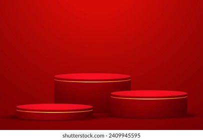 Red realistic 3D cylinder pedestal podium with glowing light semi circle backdrop. Red minimal wall scene for products showcase, Promotion display. Vector abstract studio room with geometric platform.