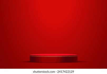 Red realistic 3D cylinder pedestal podium with glowing light semi circle backdrop. Red minimal wall scene for products showcase, Promotion display. Vector abstract studio room with geometric platform.