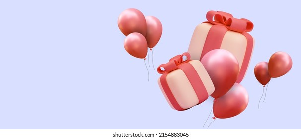 Red realistic 3d falling gift boxes and balloons isolated on pastel blue background. Vector illustration