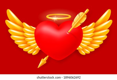 Red realistic angel heart with golden wings and halo, pierced by cupid arrow, on red background. Happy Valentines day greeting card conceptual design. Vector illustration EPS10.