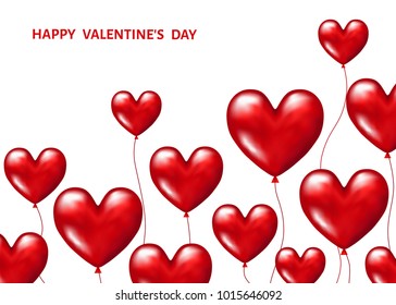Red  realistic balloons in shape of  hearts  for  Valentines day  greeting card  isolated on white  background. Wedding decoration. Vector  illustration .