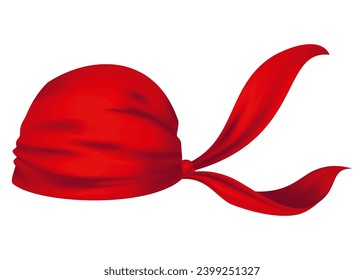 Red realistic bandana on head. Youth fashion head or cowboy garment element template. Biker face scarf, bandanna neck shawl. Blank handkerchief unisex uniform. Western clothes