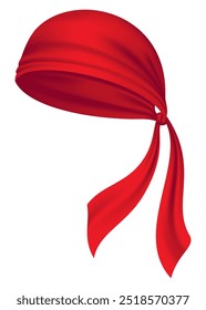 Red realistic bandana on head. Youth fashion head or cowboy garment element template. Biker face scarf, bandanna neck shawl. Blank handkerchief unisex uniform. Western clothes