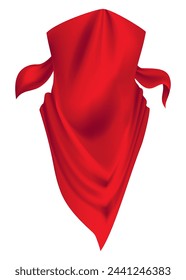 Red realistic bandana on neck. Youth fashion neck scarf or cowboy garment element template. Biker face scarf, bandanna neck shawl. Blank handkerchief unisex uniform. Western clothes