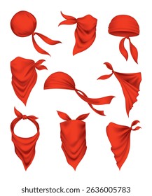 Red realistic bandana on neck. Youth fashion neck scarf or cowboy garment element template. Biker face scarf, bandanna neck shawl. Blank handkerchief unisex uniform. Western clothes