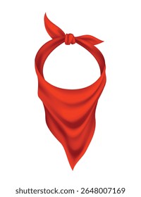 Banda vermelha realista no pescoço. Jovens cachecol moda ou modelo de elemento de vestuário de cowboy. Ciclista cara cachecol, bandana pescoço xale. Lenço branco de lenço uniforme unisex. Roupas ocidentais