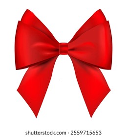 Red realistic bow. Gift decor satin ribbon bow. Lush satin ribbon bow. Isolated on white background 