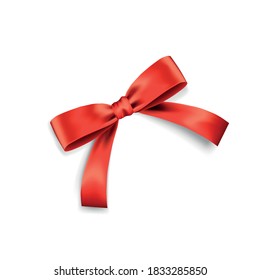 Red realistic bow made of silk or satin ribbon on a white background. Vector isolated illustration. Use as a clipart or design element for greeting cards or promotions.