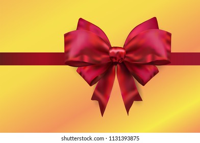 Red realistic bow on yellow orange background for decoration visit card, voucher, certificate
