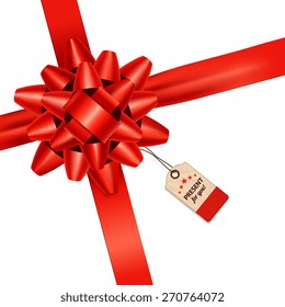 Red realistic bow with paper tag holiday present background vector illustration