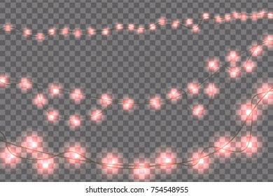 Red realistic Christmas lights decorations set isolated on transparent background. For greeting cards. Vector illustration