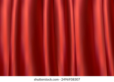 Red realistic Curtain horizontal 3D background. Grand opening.Theater cloth texture with bows for event or show. Elegant silk fabric pattern backdrop. Red curtain vector luxury background