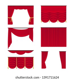 Red realistic curtains set isolated on white background. Draperies interior decoration object. Vector illustration
