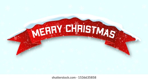 Red realistic curved ribbon Merry Christmas banner isolated on snow background. Vector illustration.