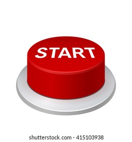 Red realistic detailed button Start! in a steel frame. Isolation on a white background. With space for text. Vector illustration.