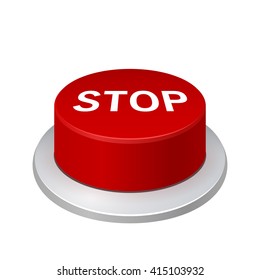 Red realistic detailed button Stop! in a steel frame. Isolation on a white background. With space for text. Vector illustration.