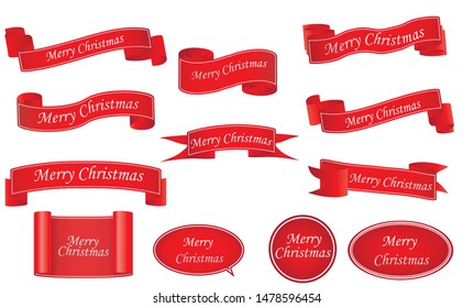 Red realistic detailed curved paper Merry Christmas banner isolated on white background. Vector illustration eps 10.