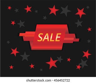 Red realistic detailed curved paper sale banner. Vector illustration. Sale ribbon. On a black background. Yellow label.