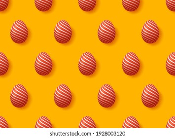 Red realistic easter eggs on yellow background. Seamless pattern. Easter collection. Vector illustration.