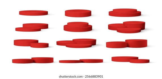 Red Realistic Empty 3d Product Podium Set Isolated on White Background. Vector Illustration EPS10