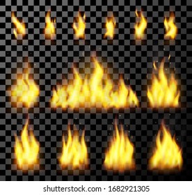 Red realistic fire set on a transparent background. for danger concept or web design. Flame set and red fire set.