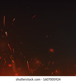 Red realistic fire sparks vector flying up. Burning glowing particles. Firestorm texture. Isolated on a black transparent background. Flame of fire with sparks in the air over a dark night. EPS10
