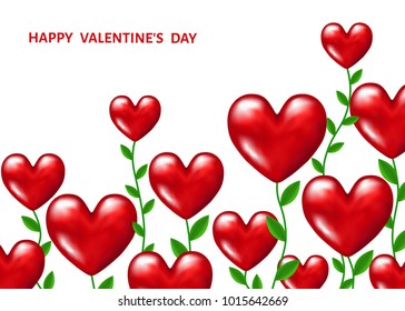 Red realistic  flowers in the shape of hearts with green stems and  leaves on  white  background. Love. Wedding decoration. Vector  illustration for  Valentines day banner, greeting  card templates.