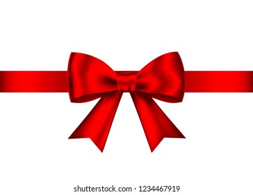 Red realistic gift bow with horizontal  ribbon isolated on white background. Vector holiday design element  for banner, greeting card, poster.