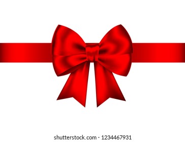 Red realistic gift bow with horizontal  ribbon isolated on white background. Vector holiday design element  for banner, greeting card, poster.