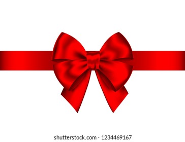 Red realistic gift bow with horizontal  ribbon isolated on white background. Vector holiday design element  for banner, greeting card, poster.