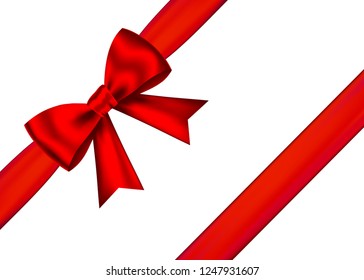 Red realistic gift bow with horizontal  ribbon isolated on white background. Vector holiday design element  for banner, greeting card, poster.