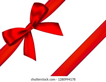 Red realistic gift bow with horizontal  ribbon isolated on white background. Vector holiday design element  for banner, greeting card, poster.