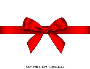 Red Realistic Gift Bow With Horizontal  Ribbon Isolated On White Background. Vector Holiday Design Element  For Banner, Greeting Card, Poster.