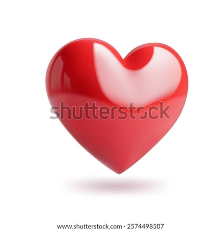 Red realistic glossy heart in perspective with reflections, 3D vector icon on white background.