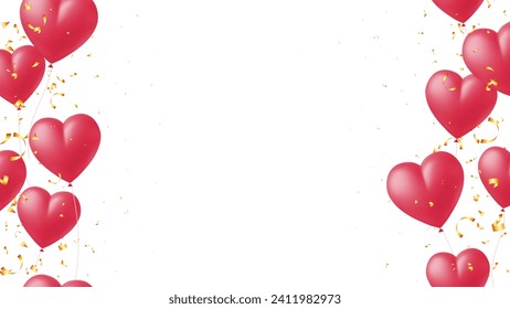 Red realistic heart balloon and gold confetti frame design for Valentine day. wedding