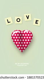 Red realistic heart with polka dots, with love cubes. Vector.