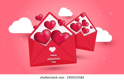 Red realistic hearts floating out of red envelopes polka dot and white clouds on a pink background Loveday concept Vector illustration. Decorative paper cut for valentines day design
