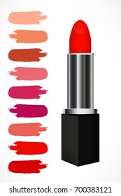 Red realistic lipstick with set of various tints of red and rose strokes. Vector illustration for your graphic design.
