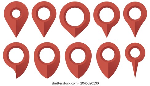 Red realistic map pointer. Location symbols vector set isolated on white background. Web location point, pointer arrow mark. Vector illustration. Eps 10.