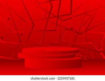 Red Realistic Mockup product display. Abstract vector 3D room, cylinder pedestal podium. Stage showcase for presentation. Futuristic Sci-fi minimal geometric forms, empty scene.