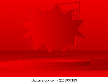 Red Realistic Mockup product display. Abstract vector 3D room, cylinder pedestal podium. Stage showcase for presentation. Futuristic Sci-fi minimal geometric forms, empty scene.