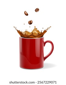 Red realistic mug with coffee splash and coffee beans. Arabica coffee grains falling in a cap. 