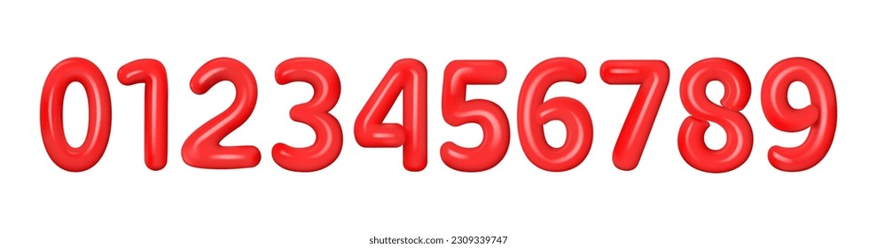 Red realistic numbers from 0 to 9. Collection of 3d red color numbers. Set of bright bubble spherical numbering figures. Elements in cartoon style. Vector illustration