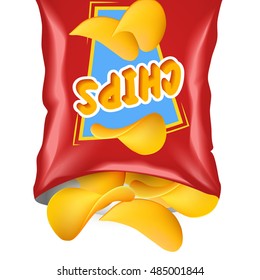 Red realistic package with chips and emblem with chips poured from top to bottom from the package vector illustration