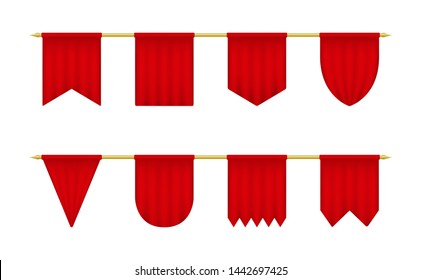 Red realistic pennant set. Empty triangle banners template. Vertical blank flags isolated on a white background