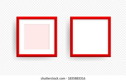 Red realistic picture frame on the wall. Mockup realistic square picture or photo frame isolated on transparent background. Vector template for picture, painting, poster, lettering or photo gallery