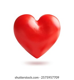 Red realistic plasticine heart in perspective with reflections, 3D vector icon on white background.