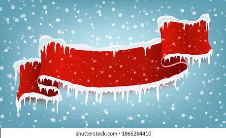 Cinta roja realista con músculos de invierno y nieve en caída. espacio para la ilustración vectorial de texto.
