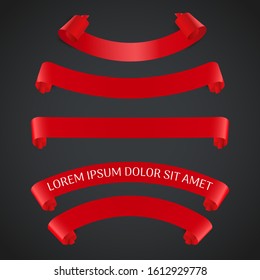 Red realistic ribbon banners set. Vector illustration for design