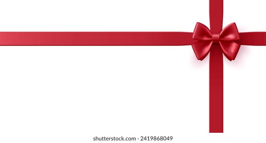 Red realistic ribbon with bow. 3D. View from above. Element for design and packaging of gifts, and goods for celebrations, birthdays. Vector